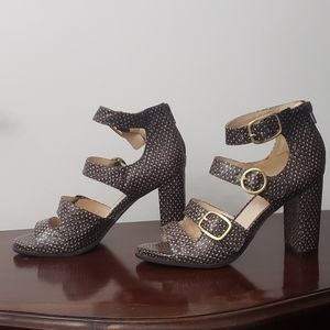 Nine West Brown Alligator Print Strappy Gold Buckled Block Heels Size 8.5